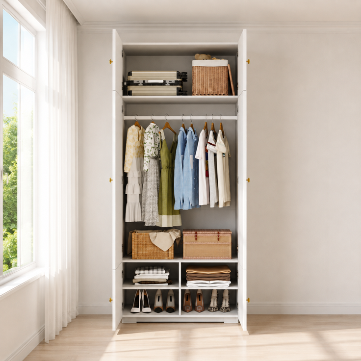 Abrihome Kleiderschrank Hochschrank, Weiß, 90x50x200 cm, 1 Kleiderstange, 5 Staufächer – Bild 2