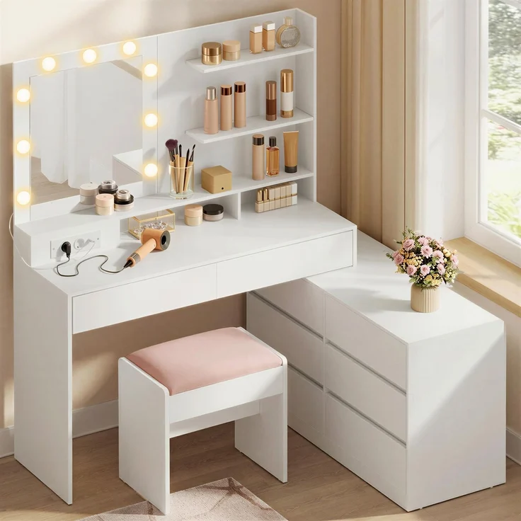 VASAGLE Schminktisch mit Beleuchtung und Hocker Set | Frisiertisch mit 8 Schubladen und Steckdose, Kosmetiktisch für Schlafzimmer, KAILYN Kollektion RDT140WB01-01