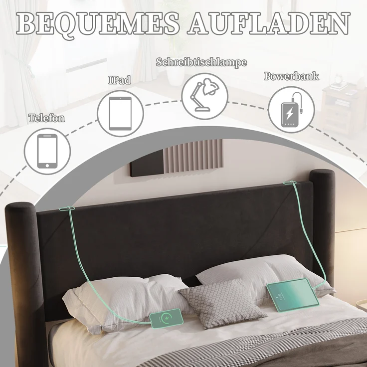 LVHOM Polsterbett 140x200cm Bettgestell, Doppelbett/Stauraumbett/Funktionsbett, Samt, dick gepolstertem Kopfteil, 2 praktischen Stauraumschubladen, integrierten USB-Anschlüssen – Bild 6