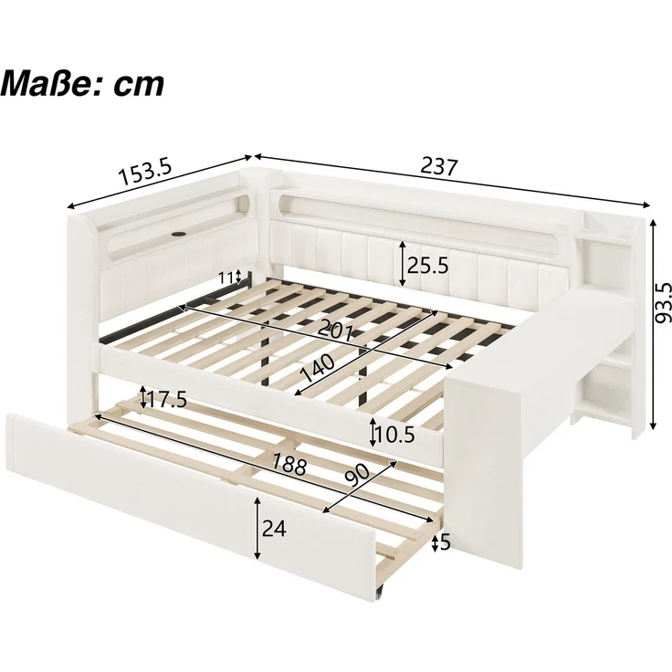 Stauraumbett mit gepolstertem Kopfteil, Schreibtisch und LED-Beleuchtung (140x200cm, Lattenrost, Regal, Gästebett, USB und Type-C), Doppelbett – Bild 5