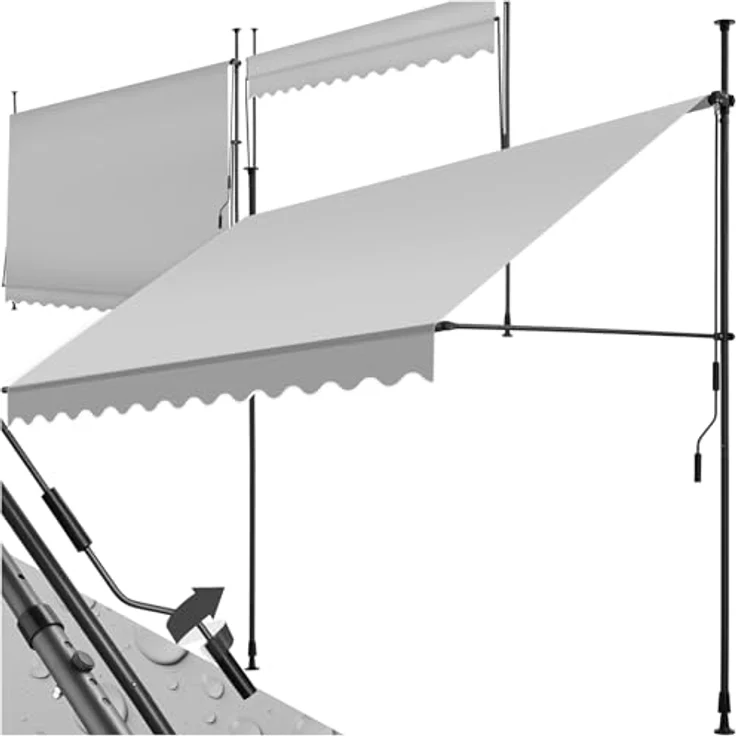 tectake® Klemmmarkise mit Handkurbel, Balkon Markise ohne Bohren, Markise höhenverstellbar, UV-beständig, wasserabweisend, Terrassenüberdachung, Sonnenschutz Terrasse & Balkon, Breite 300 cm -hellgrau – Bild 2