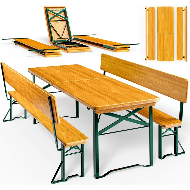 Casaria® 2er Set Bierzeltgarnitur mit Lehne 170 cm Klappbar Stabil 2X Bierbank 1x Breiter Tisch Holz Biertischgarnitur Festzeltgarnitur Biergarten
