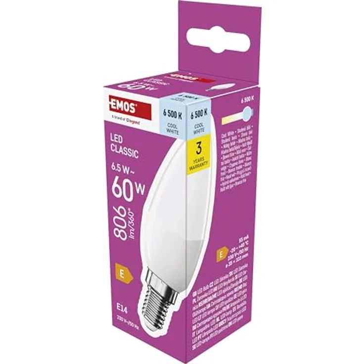 EMOS LED Lampe Candle E14, 6,5W, Ersatz für 60W Glühbirne, 806 lm, Kaltweiß 6500 K, 30.000 h Lebensdauer, 240° Abstrahlwinkel, CRI min. 80 – Bild 1