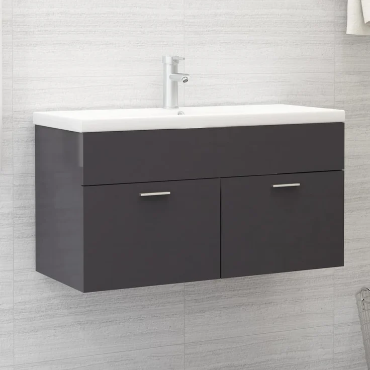 Waschbeckenunterschrank, Badschrank Hochglanz-Grau 90 x 38,5 x 46 cm de7665 – Bild 2