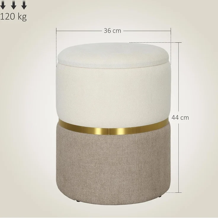 HOMCOM Sitzhocker mit Deckel, Metallring, zweifarbig Design (gepolsterter Fußhocker, 1 St, Ottomane mit Stauraum), Chenille 36 x 36 x 44 cm Cremeweiß – Bild 3