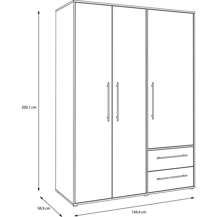 Drehtürenschrank >MOKKARIS< 3 Türen, 2 Schübe, in Schwarz - 144,4x200,1x58,8cm (BxHxT) – Bild 6