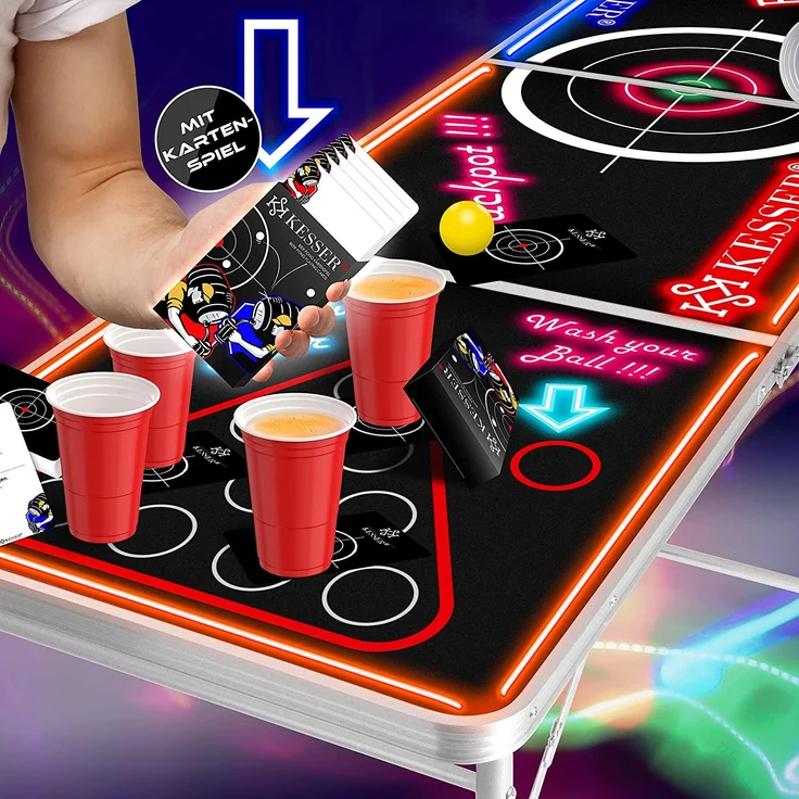 KESSER® Beer Pong Tisch Set mit LED, Kartenspiel, 100 Becher & 6 Bälle, höhenverstellbar / klappbar, Aluminium schwarz, 61 x 244 x 76 cm – Bild 3