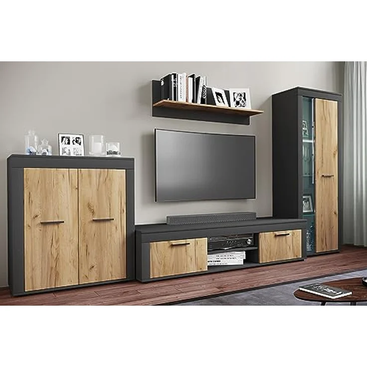 MID.YOU Vitrine Usilo, Anthrazit/Honigeiche, Glas, 3 Fächer, 60x159x35 cm, stehend – Bild 4