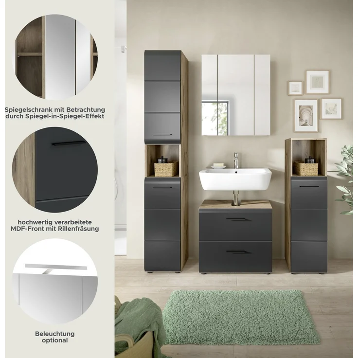 Badkombination (B/H/T: 150x185x30 cm) in schwarz matt und Nox Oak Nachbildung – Bild 7