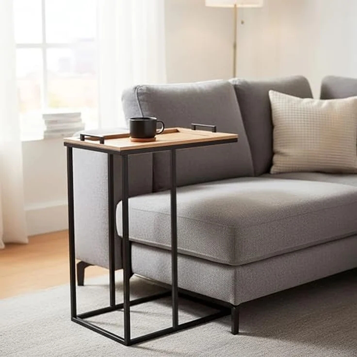 Spetebo Beistelltisch Sofa Beistelltisch in C-Form schwarz mit Tablett Tischplatte (Anzahl, 1-St, Stück), Platzsparend – Bild 2