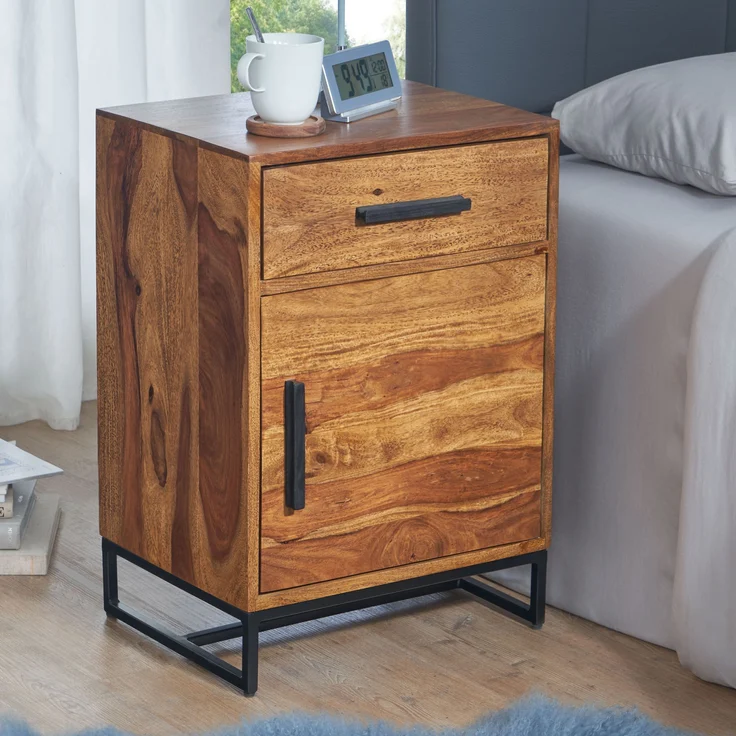 FINEBUY Nachttisch FB86252 (45x35x65 cm Massivholz Metall, Industrial), Nachtkästchen mit Schublade, Nachtkonsole Modern – Bild 1