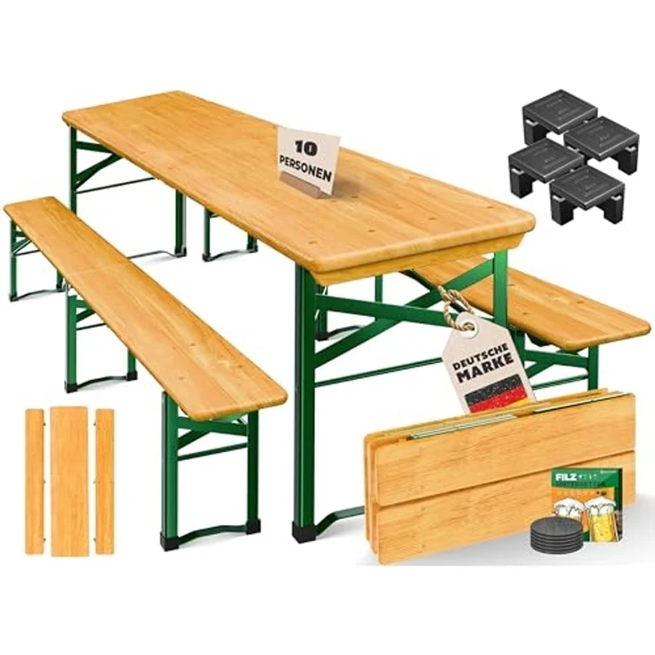 KESSER® Bierzeltgarnitur, 3-teilig, klappbar, Holz / Stahl grün, Hellbraun, 220 x 50 x 77 cm – Bild 1