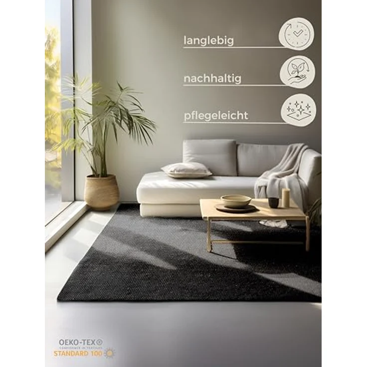 XXXL Flachwebeteppich Bouclé, Schwarz, rechteckig, 60x90 cm, Oeko-Tex® Standard 100, für Fußbodenheizung geeignet, beidseitig verwendbar, pflegeleicht und strapazierfähig – Bild 2