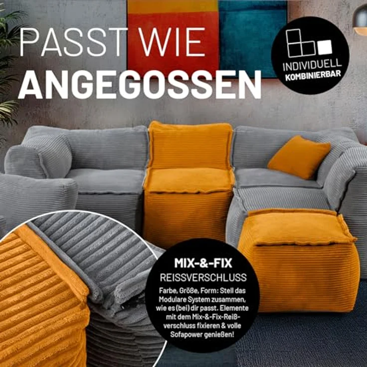 Lumaland Modulares Basic Set - Cord-Reihe | Indoor Sitzsäcke mit Softer Struktur, ideal Sofa Modulen & zum Pouf | Bean Bag mit Füllung - für Wohnzimmer & Co. – Bild 6
