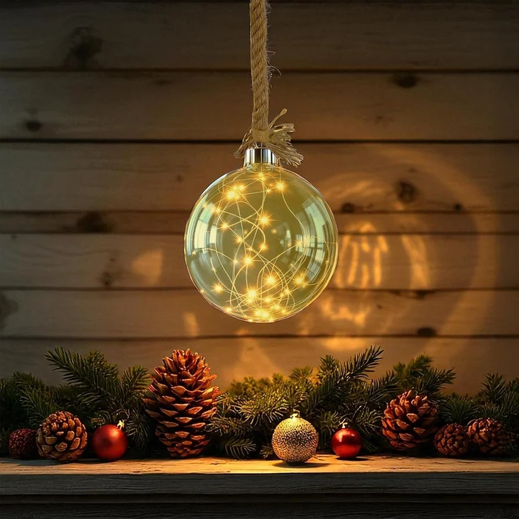 Spetebo LED Dekoobjekt LED Glas Kugel auf Seil 14 cm - Deko Kugel 30 LED, batterie betrieben, LED, warm weiß, Deko Kugel warmweiß beleuchtet mit Timer – Bild 8