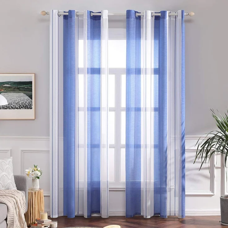 MIULEE Voile Gardinen Blau-Weiß mit Ösen 2er Set 140x225 cm | Halbtransparenter Voile mit Streifenmuster für Wohnzimmer, Schlafzimmer und kleine Fenster.