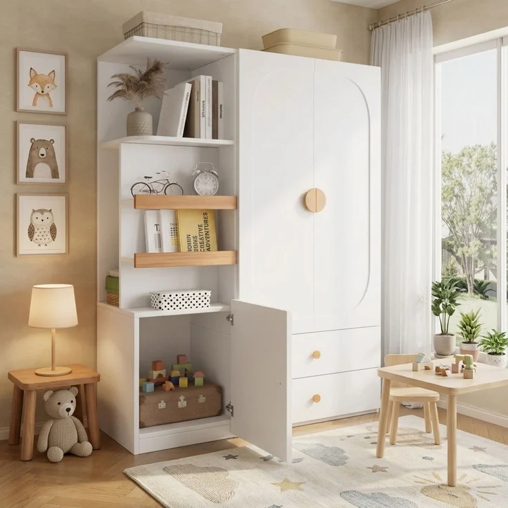 Merax Kleiderschrank mit Stauraum, Mehrzweckschrank in Weiß/Natur, Garderobenschrank mit Schubladen, Kleiderstange und offenen Regalfächern – Bild 3