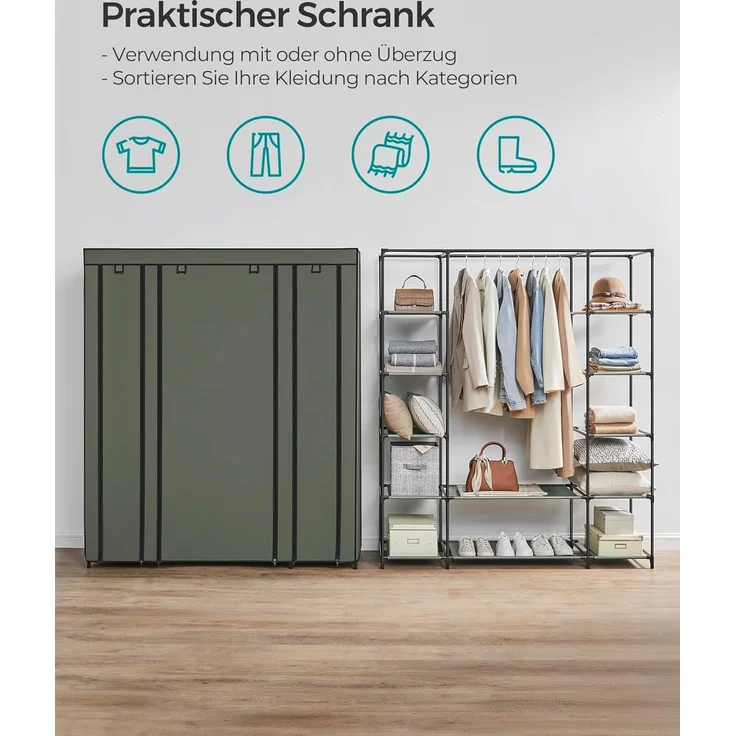 Songmics Kleiderschrank, Stoffschrank, mit Überzug aus Vliesstoff, Faltschrank mit Kleiderstange, 45 x 150 x 175 cm, 12 Ablagen, Metallrahmen, Schrank fürs Schlafzimmer, salbeigrün LSF003C02 – Bild 3