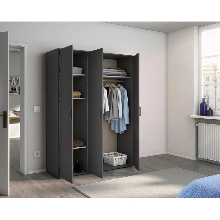 Rauch Möbel Voyager Schrank Kleiderschrank Drehtürenschrank, Graumetallic, 3-türig, inkl. 1 Kleiderstange, 4 Einlegeböden BxHxT 140x194x53 cm – Bild 4