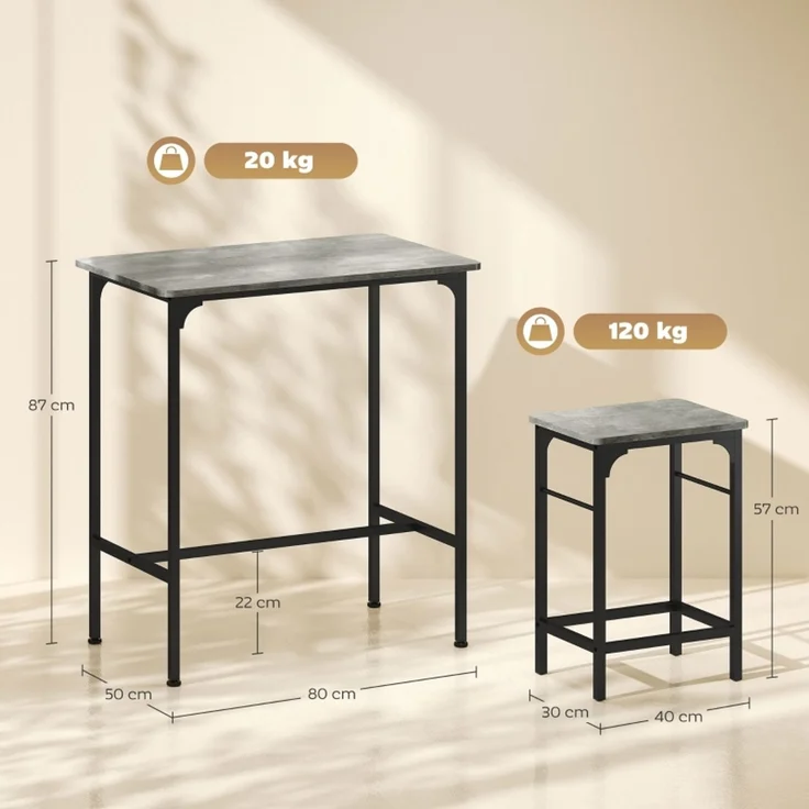 Bartisch Set mit 2 Barhockern, Stehtisch im Industrie Stil, Frühstückstisch mit Metallrahmen für Küche & Hausbar,Grau – Bild 6