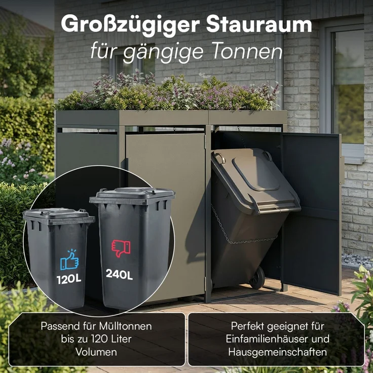 STEELSØN 'Thoria' Mülltonnenbox 2er je 120 Liter, anthrazit, Mülltonnenverkleidung aus Stahl, wetterfest, 111x62x117 cm, Müllbox mit Pflanzendach für 2 Tonnen – Bild 2