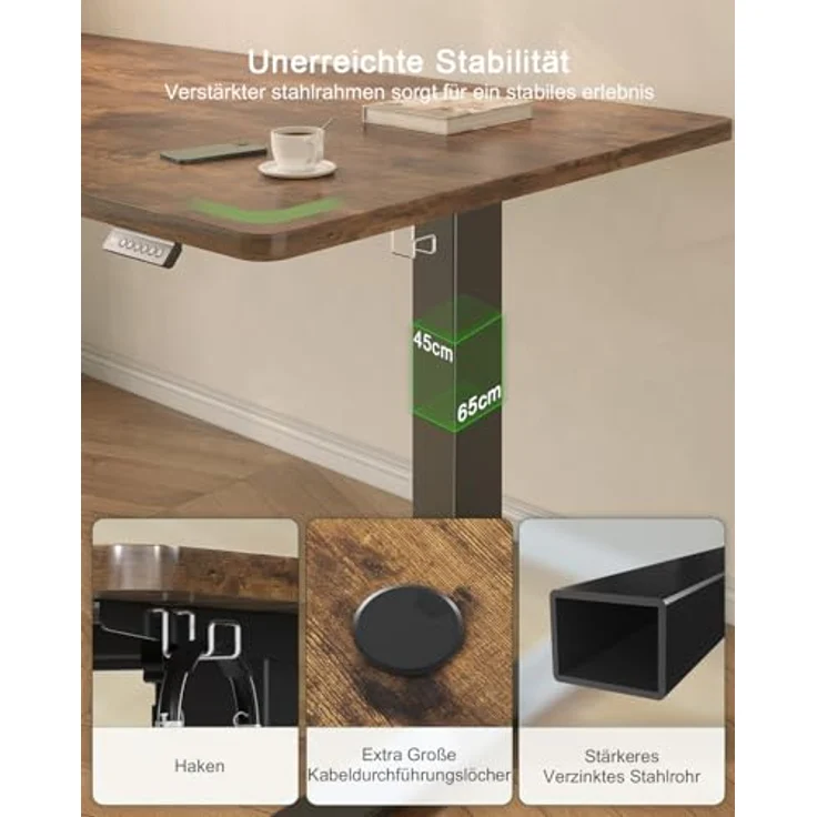 JUMMICO höhenverstellbarer elektrischer Schreibtisch mit USB-Ladeanschluss, Braun, 110x53 cm – Bild 4