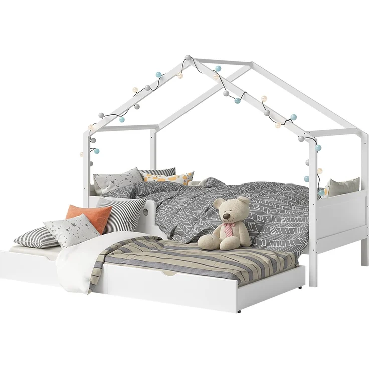 Bellabino 'Bela' Hausbett 90x200 cm mit Gästebett 90x190 cm, weiß, Kiefer Massivholz, Montessori Kinderbett mit Ausziehbett, inkl. Rausfallschutz und Lattenrost – Bild 11