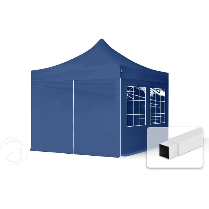 3x3 m Faltpavillon, ECONOMY Stahl 30mm, Seitenteile mit Sprossenfenstern, blau