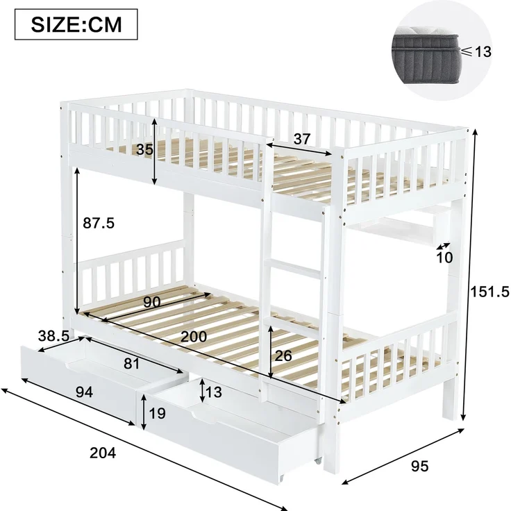 Merax Etagenbett, Kinderbett, mit 3-tufige rechtwinklige Leiter, Links oder rechts montierbare Treppe, mit Fallschutzgitter, Regale und MDF-Schubladen, Kiefernholzrahmen, Weiß, 90x200cm – Bild 4