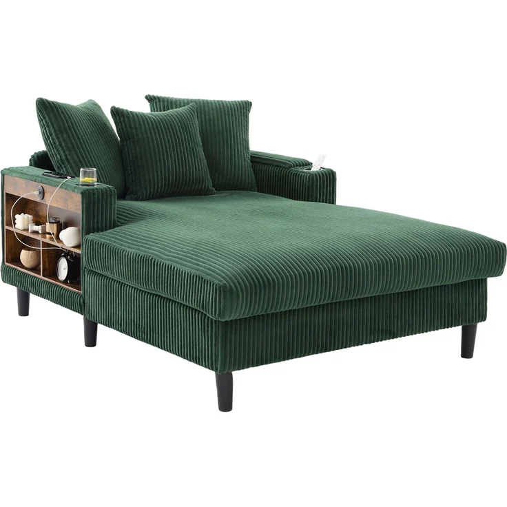 LVHOM Schlafsofa mit LED & USB, Chaiselongue mit Becherhalter & Stauraum, großes Einzelsofa bis 300kg belastbar, inkl. 3 Kissen, 129x170cm, Grün – Bild 2