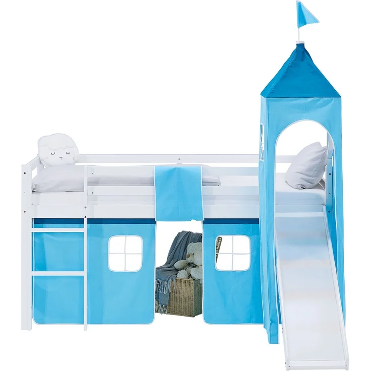 Hochbett Kinder 90x200 cm mit Rutsche Lattenrost Kinderbett Kinderhochbett Stockbett Vorhang Turm Blau – Bild 4