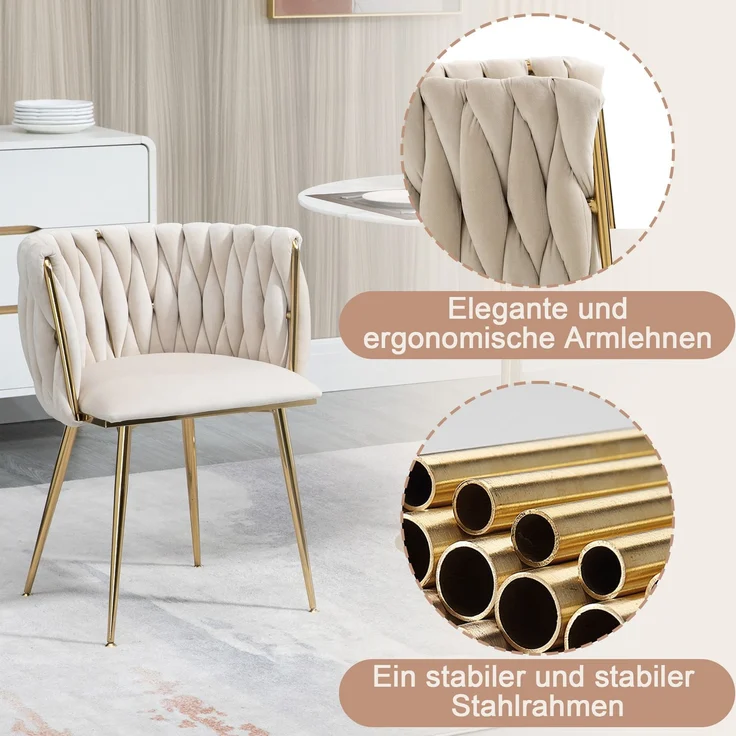 Elegantes 2er-Set Samt-Esszimmerstühle mit goldenen Metallbeinen und handgewebtem Design in Ivory – Bild 9