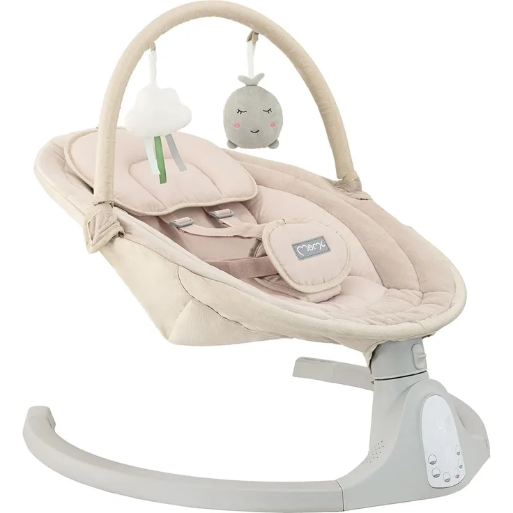 MoMi KENANI SAND Babywippe für Babys bis 9 kg, mit LED-Display, Fernbedienung & Bluetooth für Smartphone, Batterie- oder Stromanschluss, mit 5-Punkt-Sicherheitsgurt, Bügel und Spielzeug