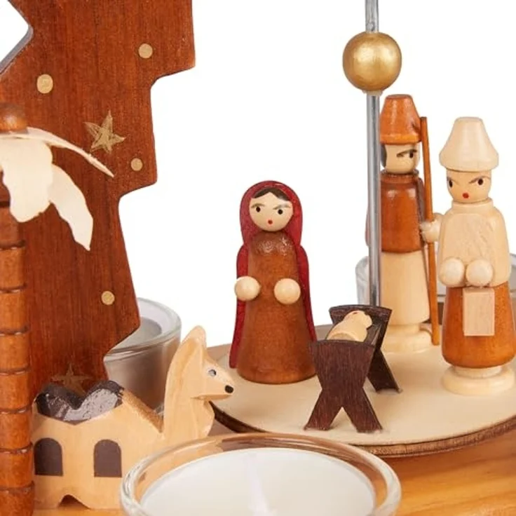 BRUBAKER Weihnachtspyramide Teelichtpyramide aus Holz - Stern von Betlehem, Jesus, Maria und Josef, 22 cm drehbare Tischpyramide für 4 Pyramiden-Teelichter - Weihnachten – Bild 4