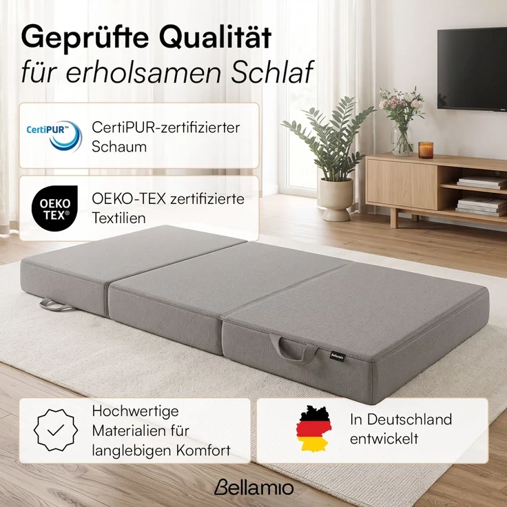 Bellamio 'Lomme' Klappmatratze 120x200 cm, 3-fach faltbar, Höhe 15 cm, Härtegrad H3, Gästematratze mit Tragegriffen, hellgrau, abnehmbarer Bezug – Bild 7