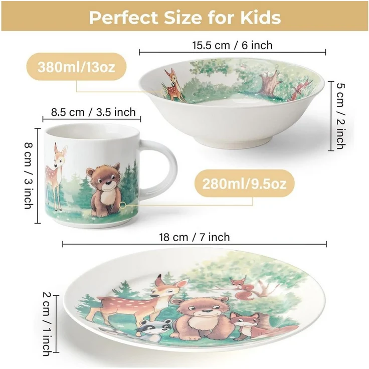MiaMio Kindergeschirr-Set Wald Motiv Grün (3-tlg), 1 Personen, Keramik, Teller, Schüssel und Tasse mit Kindermotiv – Bild 2