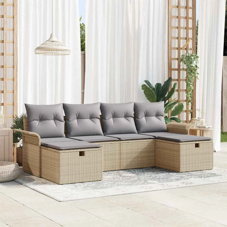 vidaXL Garten-Sofa-Set mit Kissen mit Speicher 6 pcs Beige Poly Rattan 3360251 – Bild 1