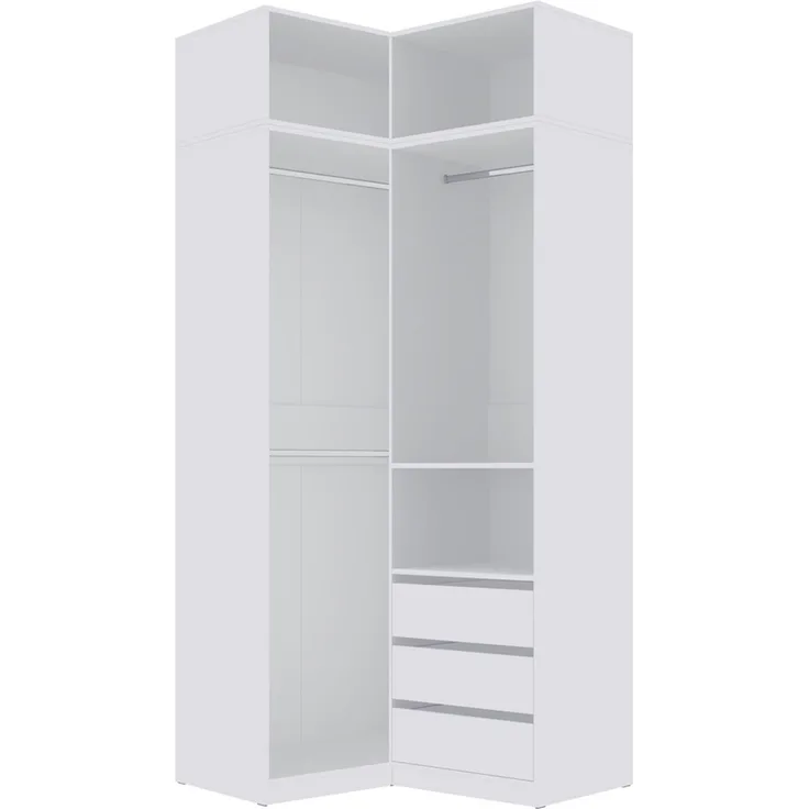 Marmex Möbel Tres Set-H/N (B) Eckkleiderschrank ohne Türen, Eckschrank mit Aufsatz. Garderobenschrank-Set für Kleidung, Schuhe, laminierte Spanplatte, weiß 111/100x246x51 cm