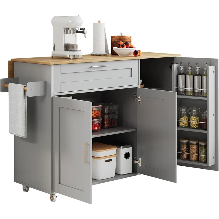 Küchenwagen mit klappbarer Platte 132,5 x 44/70 x 90 cm, MDF in Eiche-Optik/Grau, mit Schublade – Bild 6