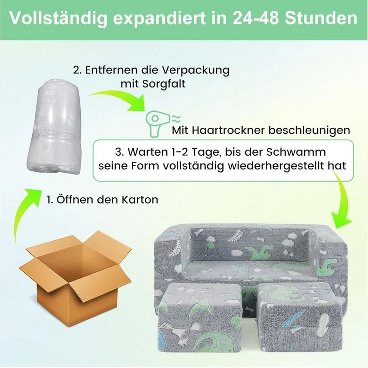 KOMFOTTEU Kindersofa, ausklappbar mit leuchtenden Mustern & abnehmbarem Flanellbezug – Bild 4