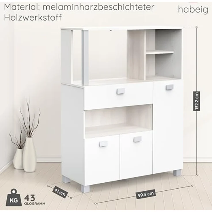 habeig Küchenbuffet Küchenschrank 146 weiß Küchenregal Küchenmöbel Buffetschrank Küche – Bild 2