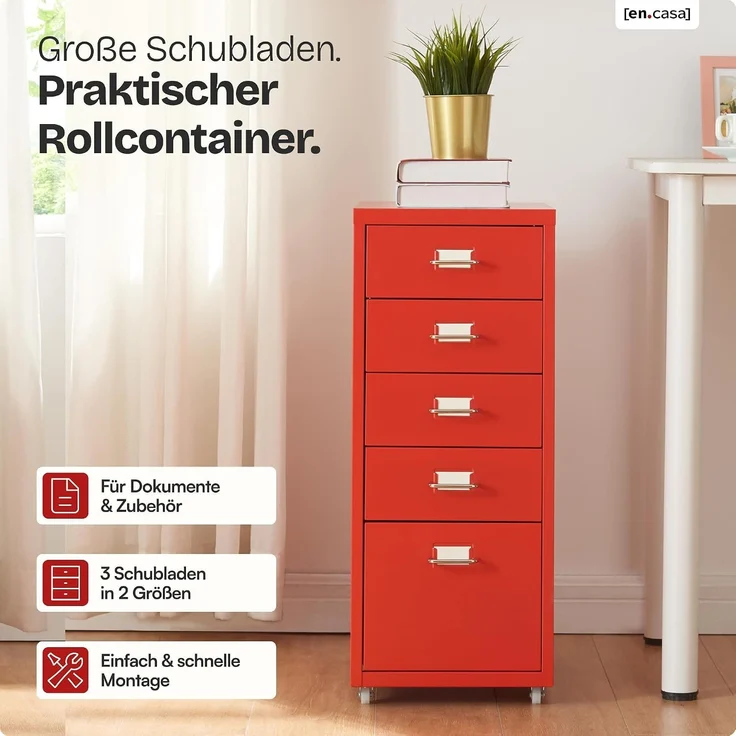 Rollcontainer Kökar mit 5 Schubladen 69x28x41 cm Rot [en. casa] – Bild 3