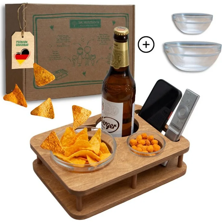 PEGSEN Servierplatte Couchbar Sofa Tablett YOLO mit 2 Snackschalen, Birkenholz, (Set, 3-tlg, mit lebensmittelechten Glasschalen), passend für Kaffeetassen, 0,5L Flaschen und Weingläser, geöltes Finish