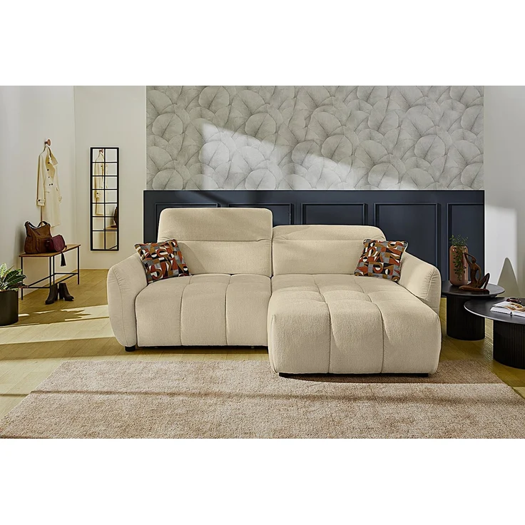 Ecksofa elektrisch USB-C Kopflehne verstellbar Schlafcouch Flachgewebe in Beige – Bild 2