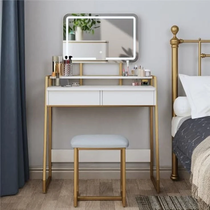 Mondeer Schminktisch Kosmetiktisch-Set(2-St), mit LED Beleuchtung, mit Spiegel einstellbare Helligkeit und Hocker – Bild 1