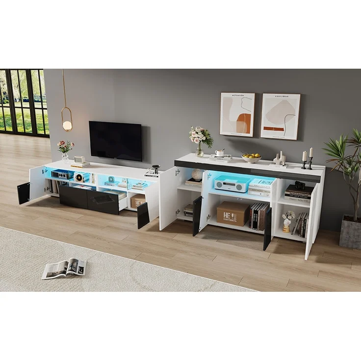 ZUBALIYA Wohnzimmerset 180x38,5x45 cm, mit LED-Beleuchtung, Hochglanz, aus Spanplatte, Weiß – Bild 18