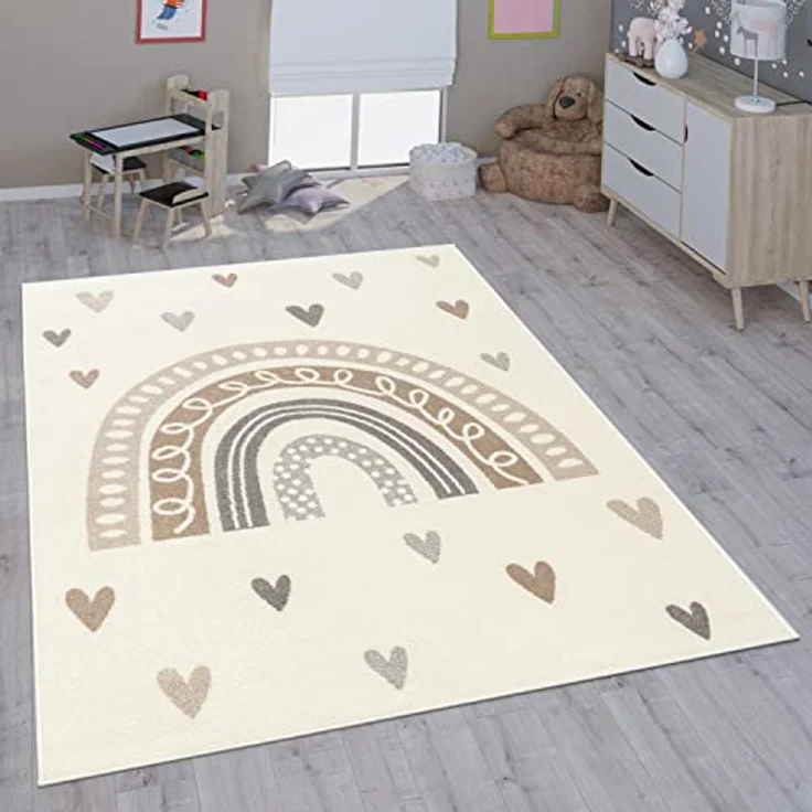 Paco Home Kinderteppich Nino 887, rund, Höhe: 13 mm, Kurzflor, Spielteppich, Motiv Regenbogen & Herzen, Kinderzimmer – Bild 2