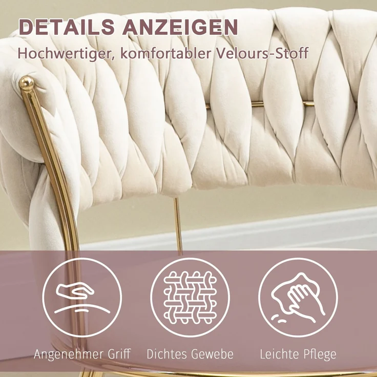Esszimmerstuhl Samtstoff 2-teiliges Set, mit ergonomischer Rückenlehne, Hohlbünst-Design, gepolstert, Metallbeine goldfarben – Bild 5
