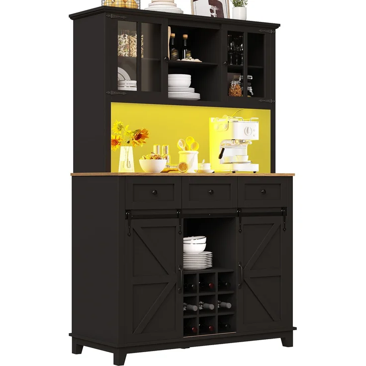 Küchenschrank(105×38.4×180cm), Hochschrank Küchenbuffet, Vitrinenschrank, Buffetschrank mit Verstellbaren Ablagen, Sideboard mit LED-Beleuchtung,Variable Lichtfarben, schwarz--Schwarz--105x38.4x180cm--YOUDENOVA – Bild 6