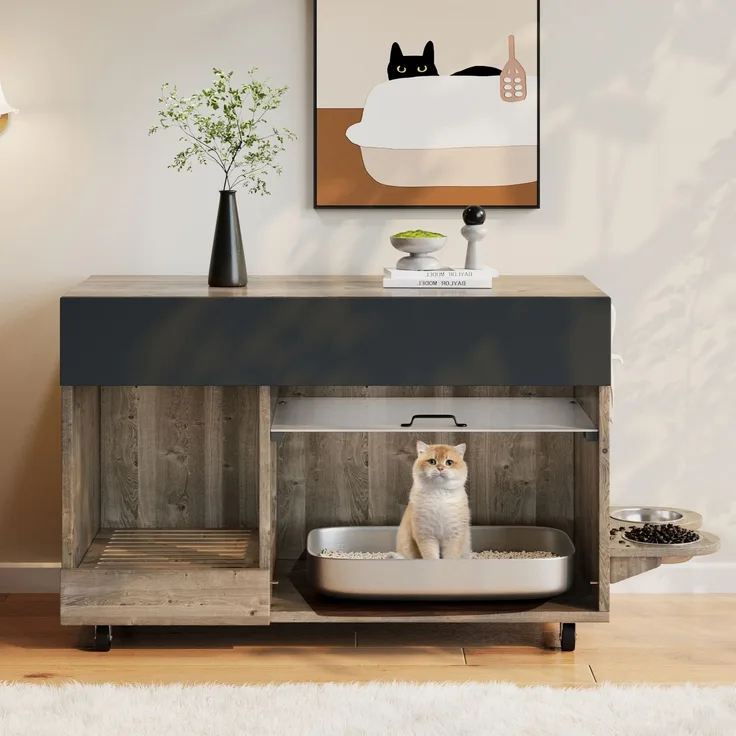 Bewegbarer Katzenkloschrank (Katzentoilettenschrank) – mit Katzenfuttertellern, Sandauffangschale, Lochplatte mit Hakenlöchern, ohne Katzenklo, 100×45,5×67 cm (antikgrau-braune Farbe, Eichenholzfarbe)